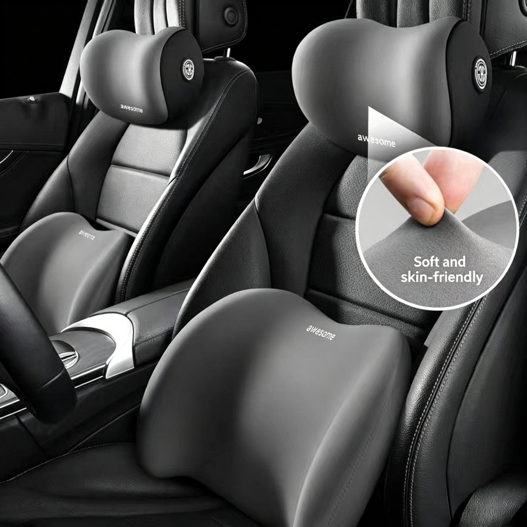 Memory Foam Car Pillow Set - Headrest, Lumbar & Neck Support Cushion