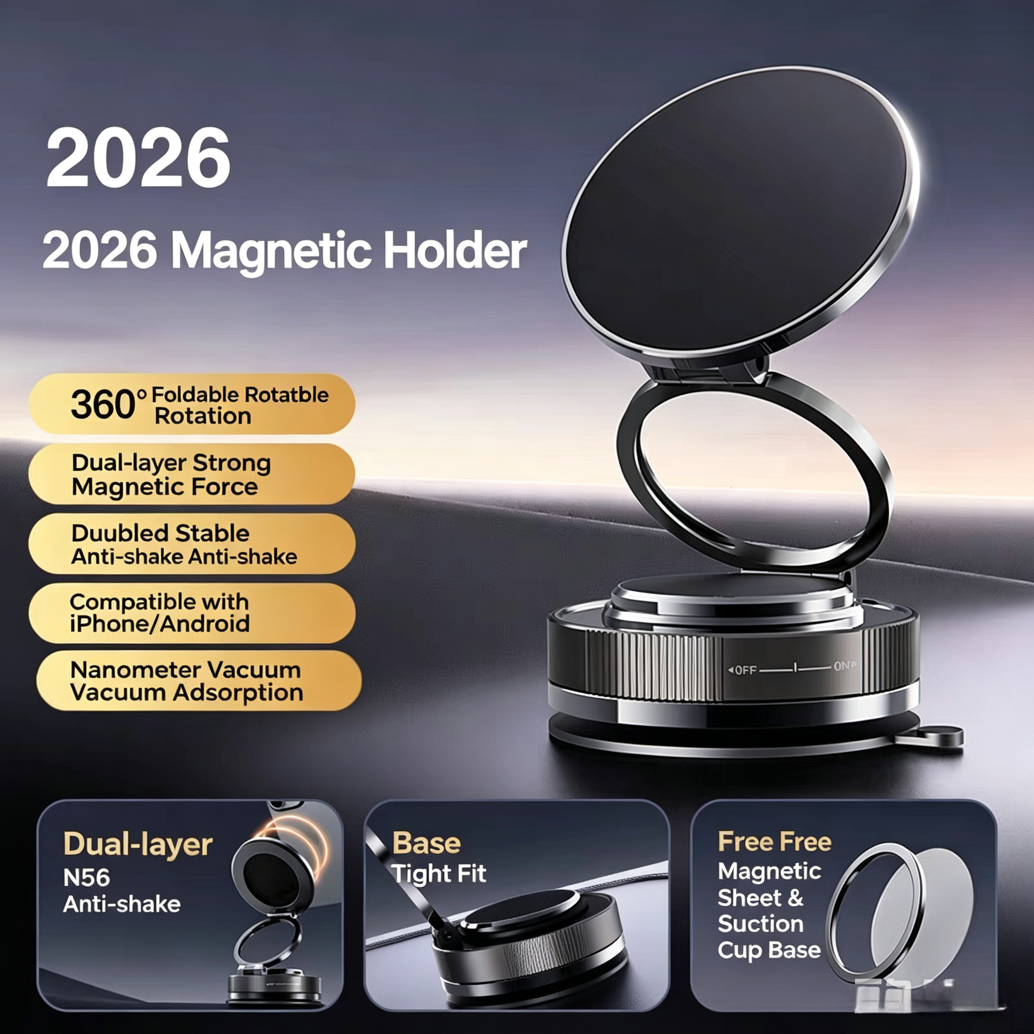 2026 New Magnetic Car Phone Holder,N52 Strong Magnet Vacuum Suction Cup Dashboard Mount,No Adhesive,Stable&Anti -Shake for GPS Navigation.