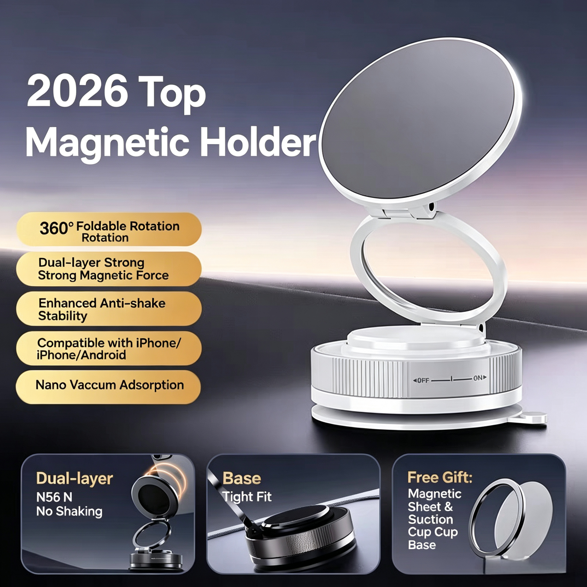 2026 New Magnetic Car Phone Holder,N52 Strong Magnet Vacuum Suction Cup Dashboard Mount,No Adhesive,Stable&Anti -Shake for GPS Navigation.